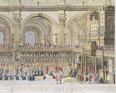 A Prospect of the Choir of the Cathedral Church of St. Paul, on the General Thanksgiving, the 31st of December 1706. Her Majesty and both Houses of Parliament present (detail) by Robert Trevett